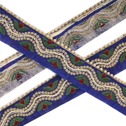 Sanskriti Vintage Hand Beaded 1 Yard Sari Border Art Silk Blue Ribbon Craft Lace