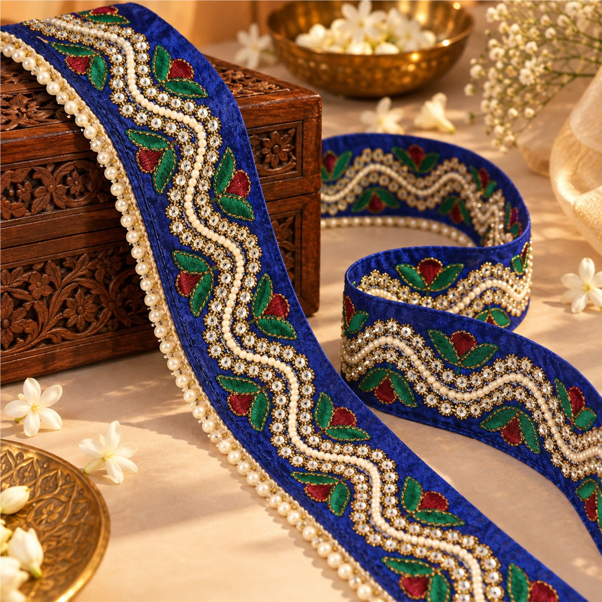 Sanskriti Vintage Hand Beaded 1 Yard Sari Border Art Silk Blue Ribbon Craft Lace