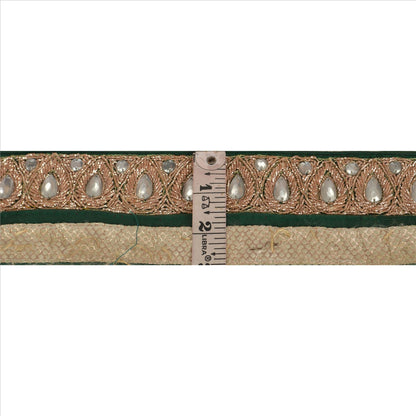 Sanskriti Vintage Hand Embroidered Art Silk Sari Border 1 Yard 3"W Green Lace