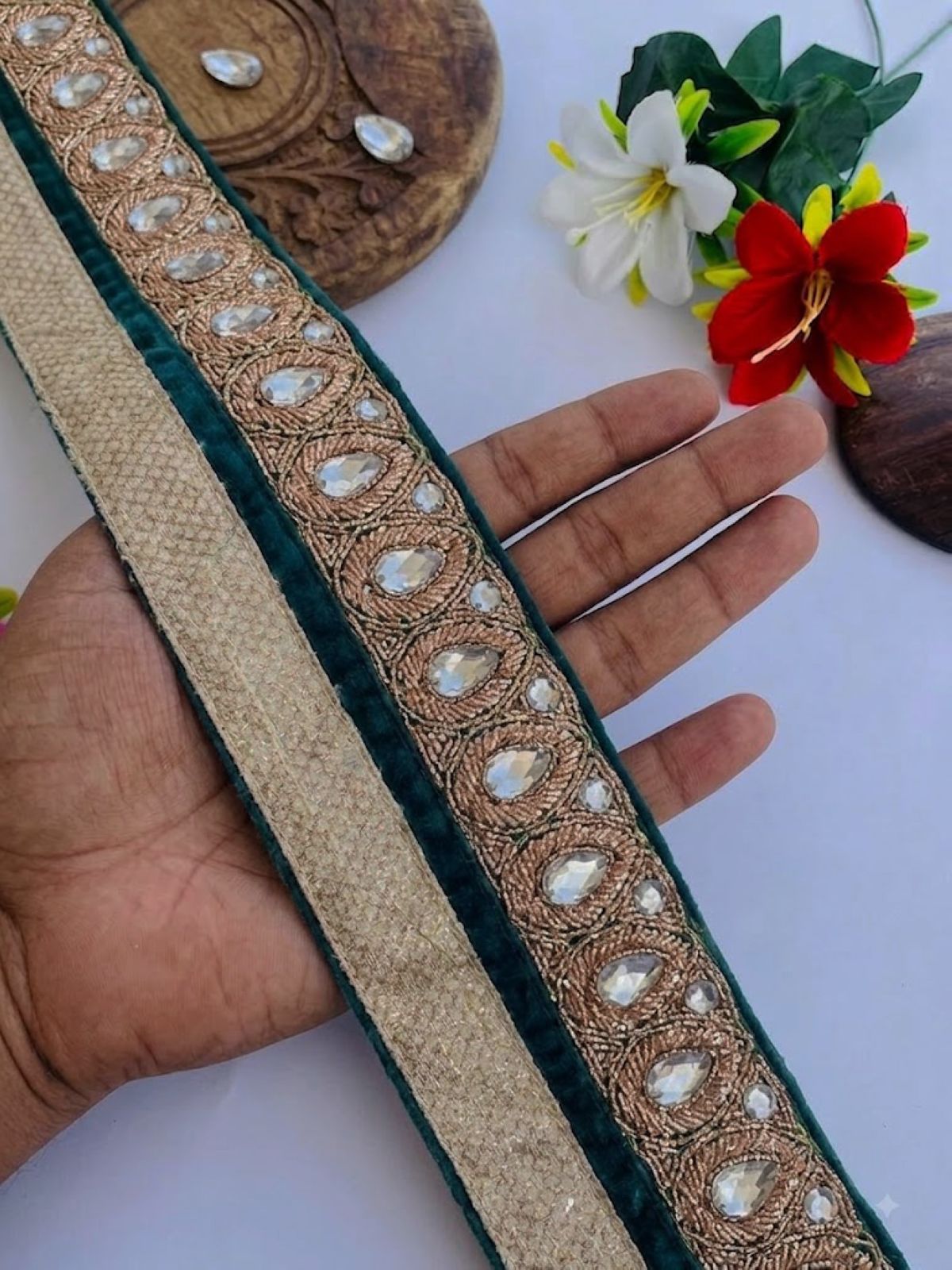 Sanskriti Vintage Hand Embroidered Art Silk Sari Border 1 Yard 3"W Green Lace