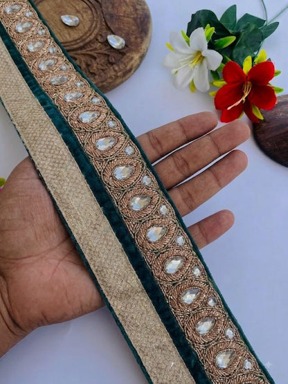 Sanskriti Vintage Hand Embroidered Art Silk Sari Border 1 Yard 3"W Green Lace