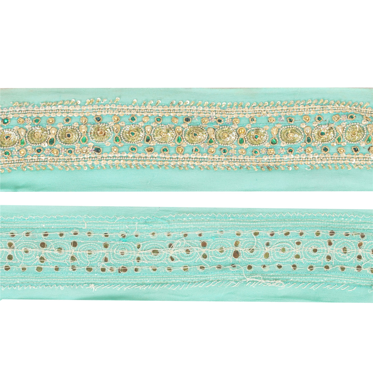 Sanskriti Vintage Hand Embroidered Georgette Sari Border 1 Yd 3.7"W Green Lace