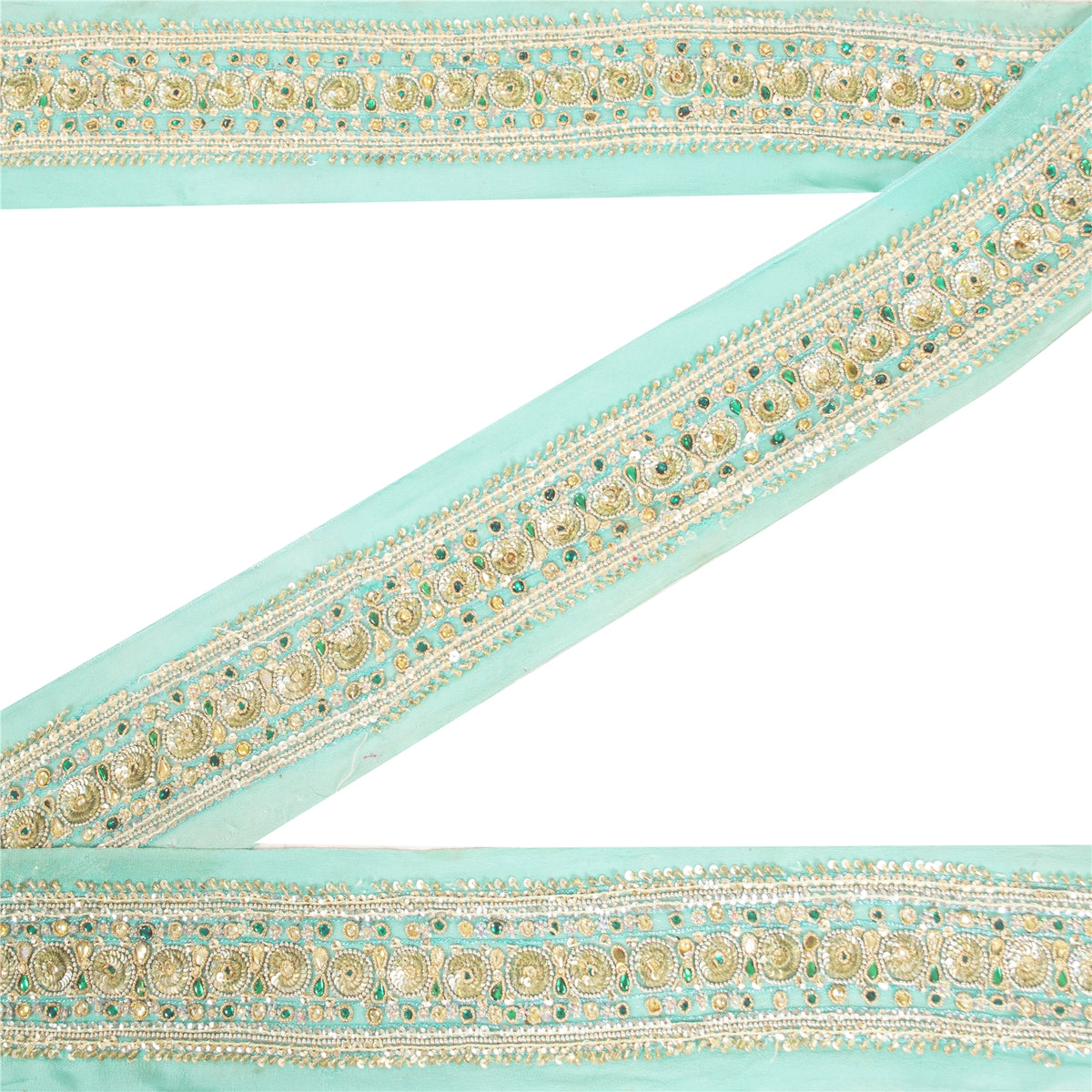 Sanskriti Vintage Hand Embroidered Georgette Sari Border 1 Yd 3.7"W Green Lace
