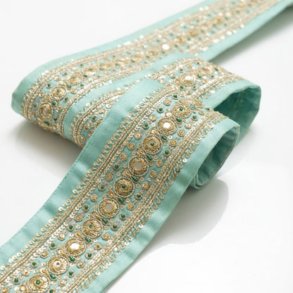Sanskriti Vintage Hand Embroidered Georgette Sari Border 1 Yd 3.7"W Green Lace