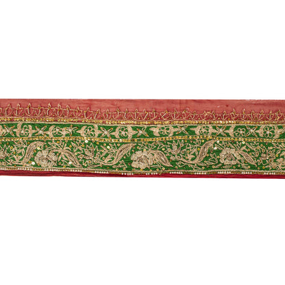 Sanskriti Vintage Hand Embroidered 1 Yd Sari Border Pure Chiffon Red-Green Lace