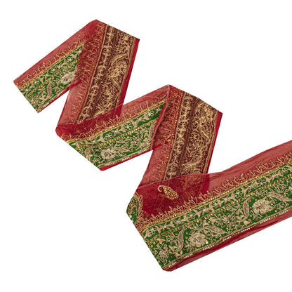 Sanskriti Vintage Hand Embroidered 1 Yd Sari Border Pure Chiffon Red-Green Lace