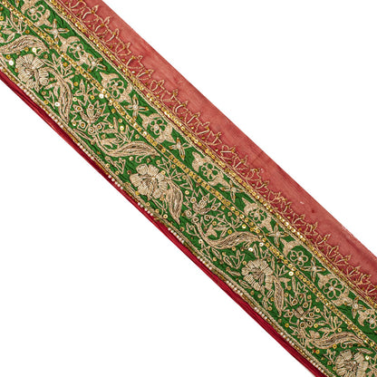 Sanskriti Vintage Hand Embroidered 1 Yd Sari Border Pure Chiffon Red-Green Lace
