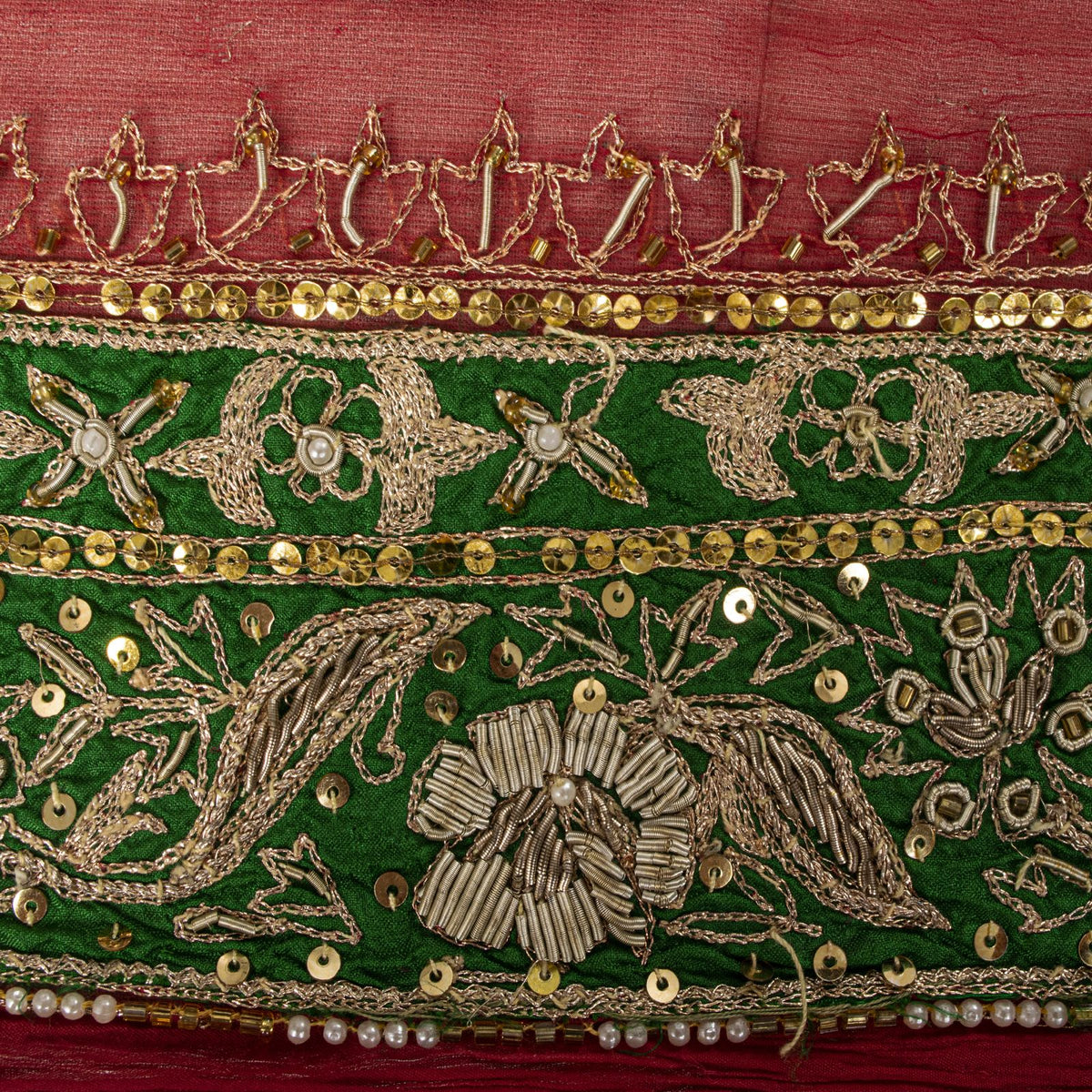 Sanskriti Vintage Hand Embroidered 1 Yd Sari Border Pure Chiffon Red-Green Lace