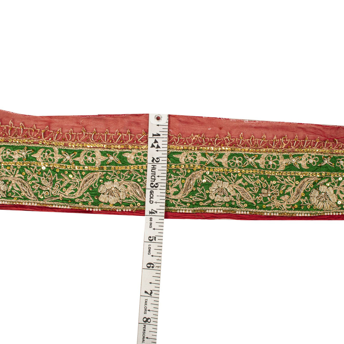 Sanskriti Vintage Hand Embroidered 1 Yd Sari Border Pure Chiffon Red-Green Lace