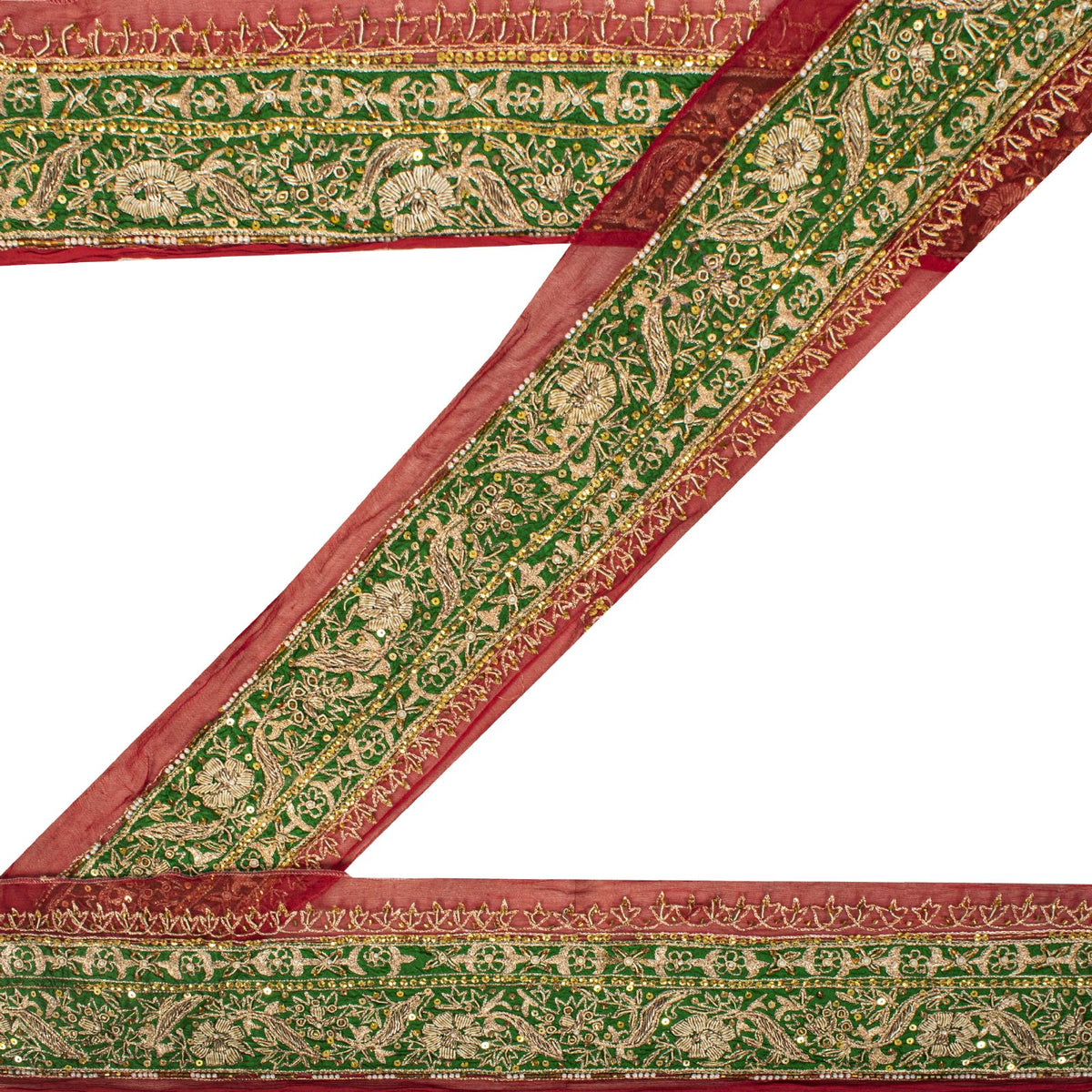 Sanskriti Vintage Hand Embroidered 1 Yd Sari Border Pure Chiffon Red-Green Lace