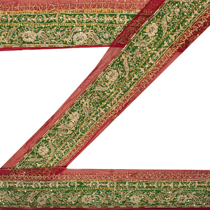 Sanskriti Vintage Hand Embroidered 1 Yd Sari Border Pure Chiffon Red-Green Lace