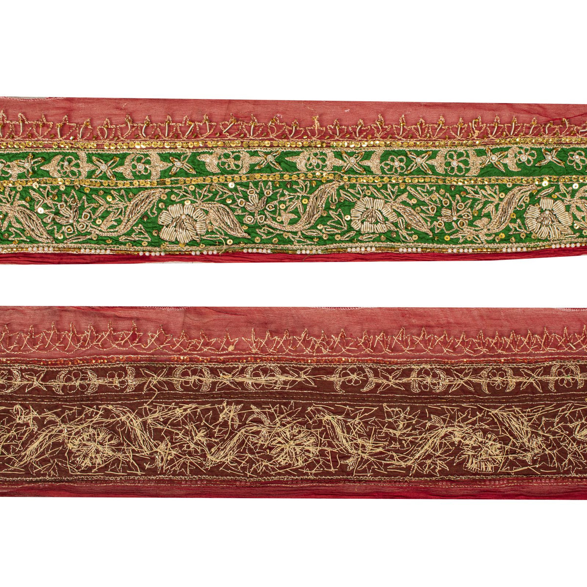 Sanskriti Vintage Hand Embroidered 1 Yd Sari Border Pure Chiffon Red-Green Lace