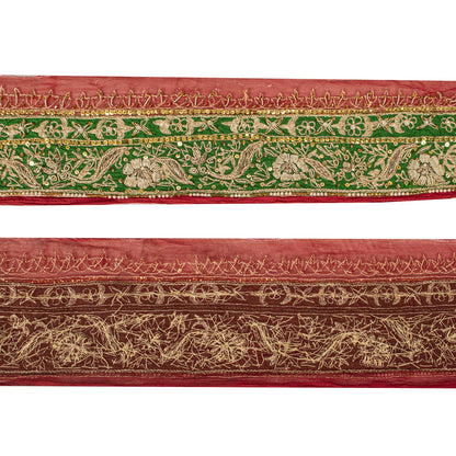 Sanskriti Vintage Hand Embroidered 1 Yd Sari Border Pure Chiffon Red-Green Lace