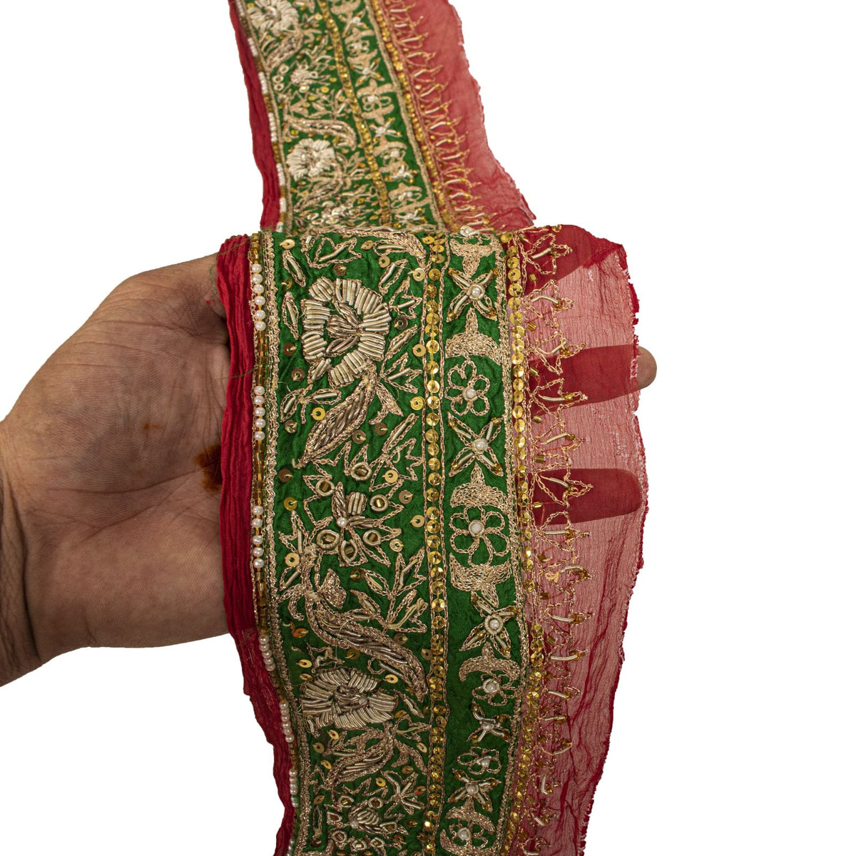 Sanskriti Vintage Hand Embroidered 1 Yd Sari Border Pure Chiffon Red-Green Lace