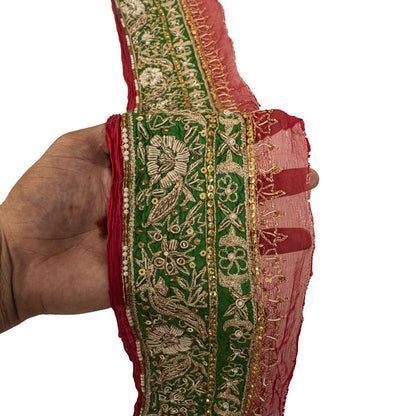 Sanskriti Vintage Hand Embroidered 1 Yd Sari Border Pure Chiffon Red-Green Lace