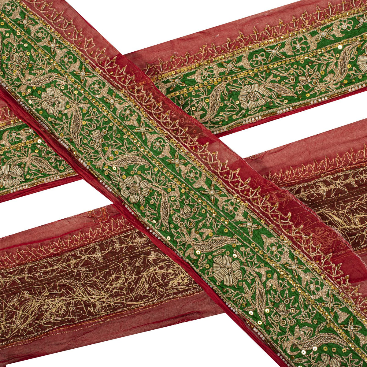 Sanskriti Vintage Hand Embroidered 1 Yd Sari Border Pure Chiffon Red-Green Lace