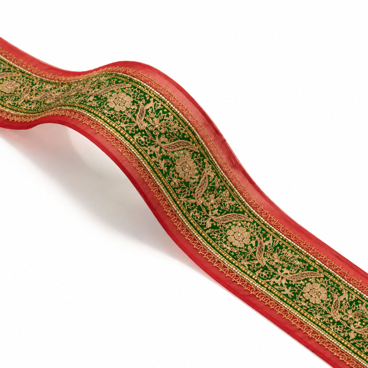 Sanskriti Vintage Hand Embroidered 1 Yd Sari Border Pure Chiffon Red-Green Lace