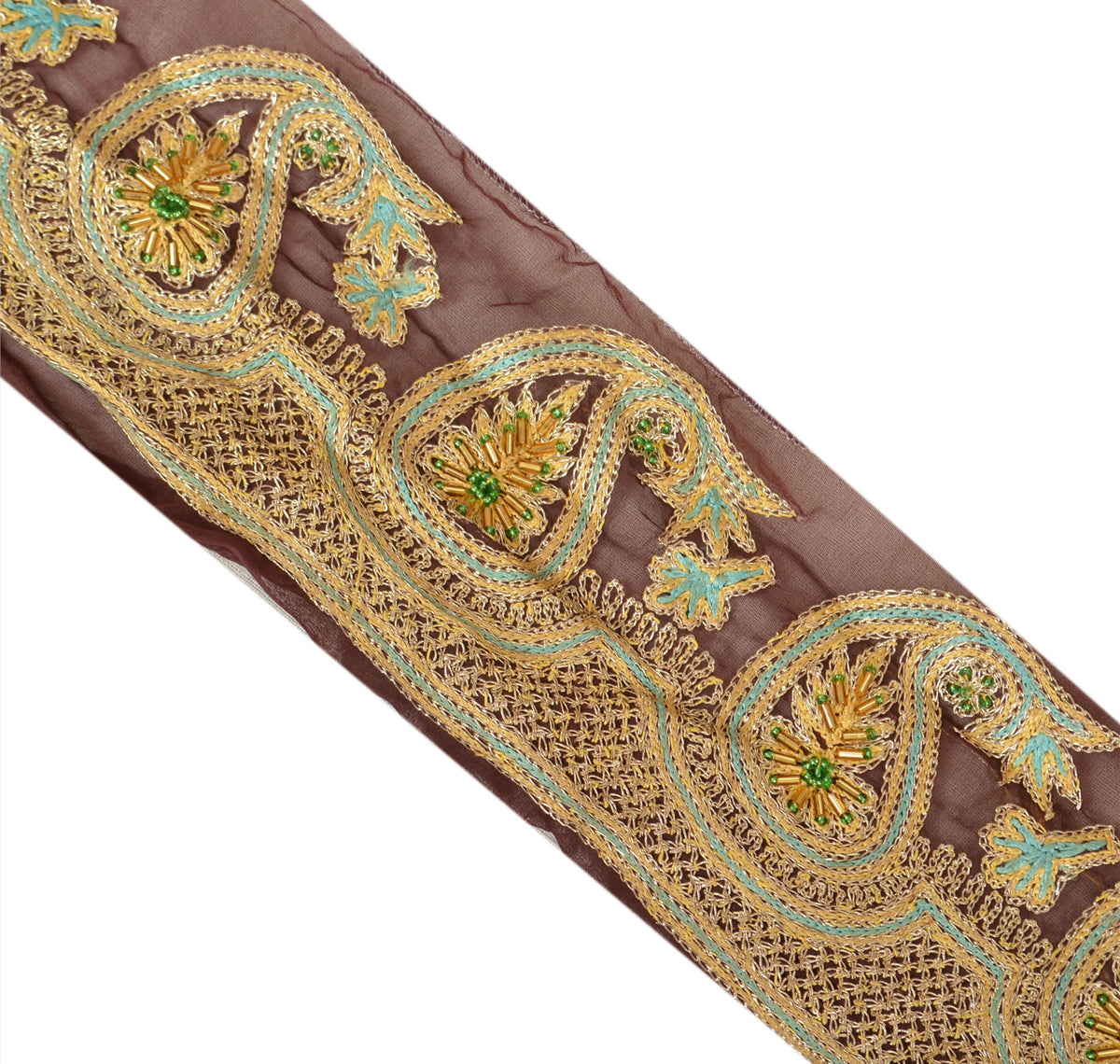 Sanskriti Vintage Hand Beaded Georgette Sari Border 1 Yd 3.5"W Brown Craft Lace