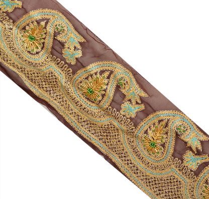 Sanskriti Vintage Hand Beaded Georgette Sari Border 1 Yd 3.5"W Brown Craft Lace