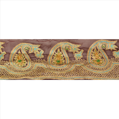 Sanskriti Vintage Hand Beaded Georgette Sari Border 1 Yd 3.5"W Brown Craft Lace