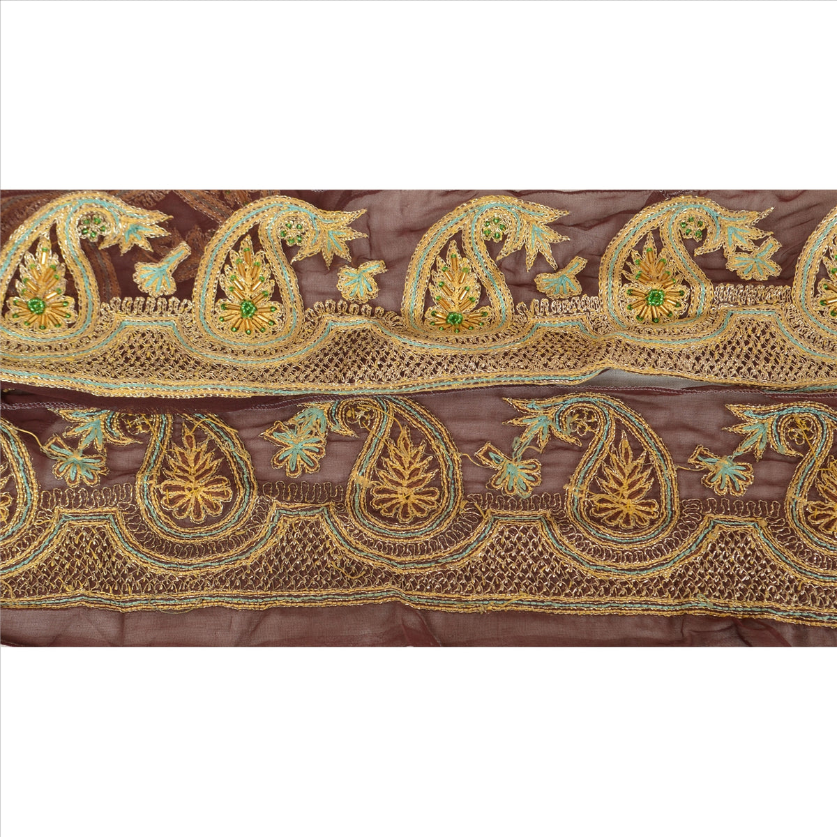 Sanskriti Vintage Hand Beaded Georgette Sari Border 1 Yd 3.5"W Brown Craft Lace