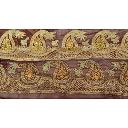 Sanskriti Vintage Hand Beaded Georgette Sari Border 1 Yd 3.5"W Brown Craft Lace