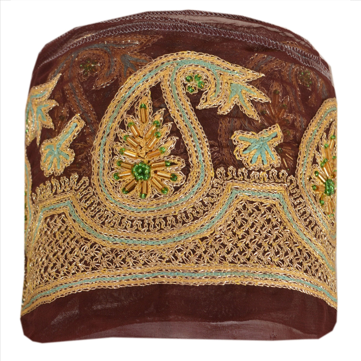 Sanskriti Vintage Hand Beaded Georgette Sari Border 1 Yd 3.5"W Brown Craft Lace