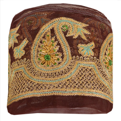 Sanskriti Vintage Hand Beaded Georgette Sari Border 1 Yd 3.5"W Brown Craft Lace