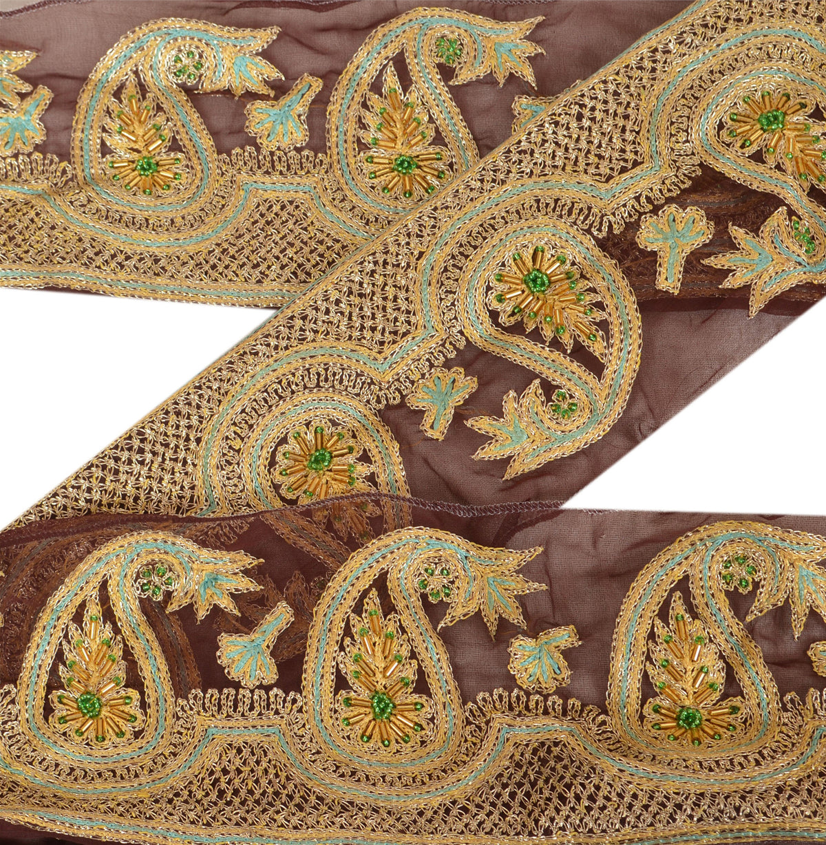 Sanskriti Vintage Hand Beaded Georgette Sari Border 1 Yd 3.5"W Brown Craft Lace