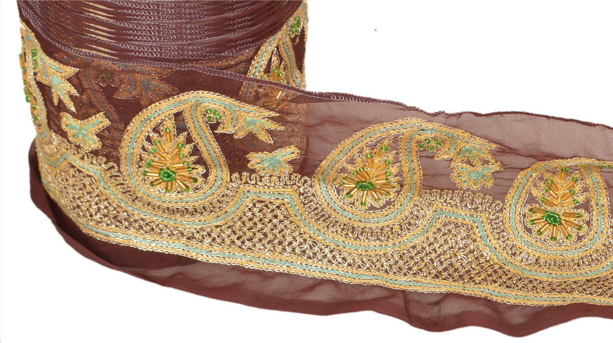 Sanskriti Vintage Hand Beaded Georgette Sari Border 1 Yd 3.5"W Brown Craft Lace