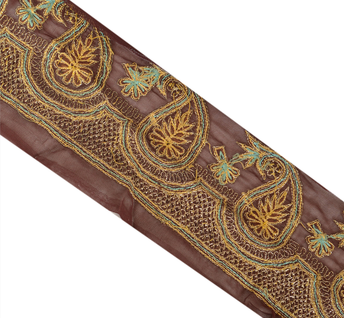 Sanskriti Vintage Hand Beaded Georgette Sari Border 1 Yd 3.5"W Brown Craft Lace