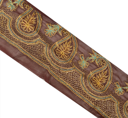 Sanskriti Vintage Hand Beaded Georgette Sari Border 1 Yd 3.5"W Brown Craft Lace