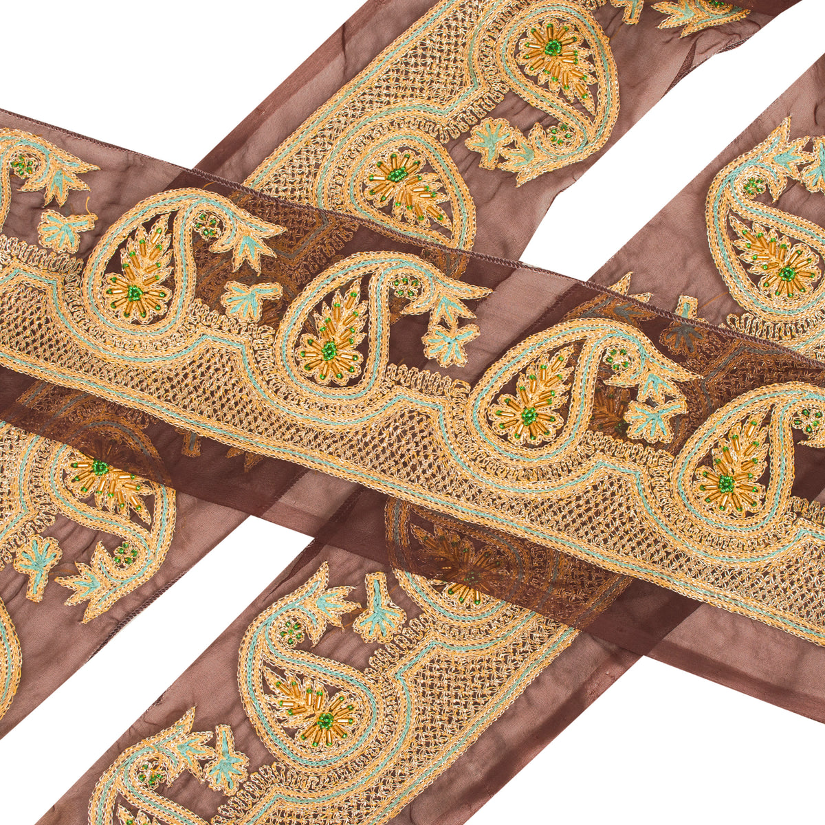 Sanskriti Vintage Hand Beaded Georgette Sari Border 1 Yd 3.5"W Brown Craft Lace