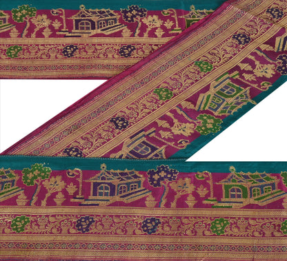Sanskriti Vintage Brocade Zari Woven Pure Satin Sari Border 1 Yard Purple Lace