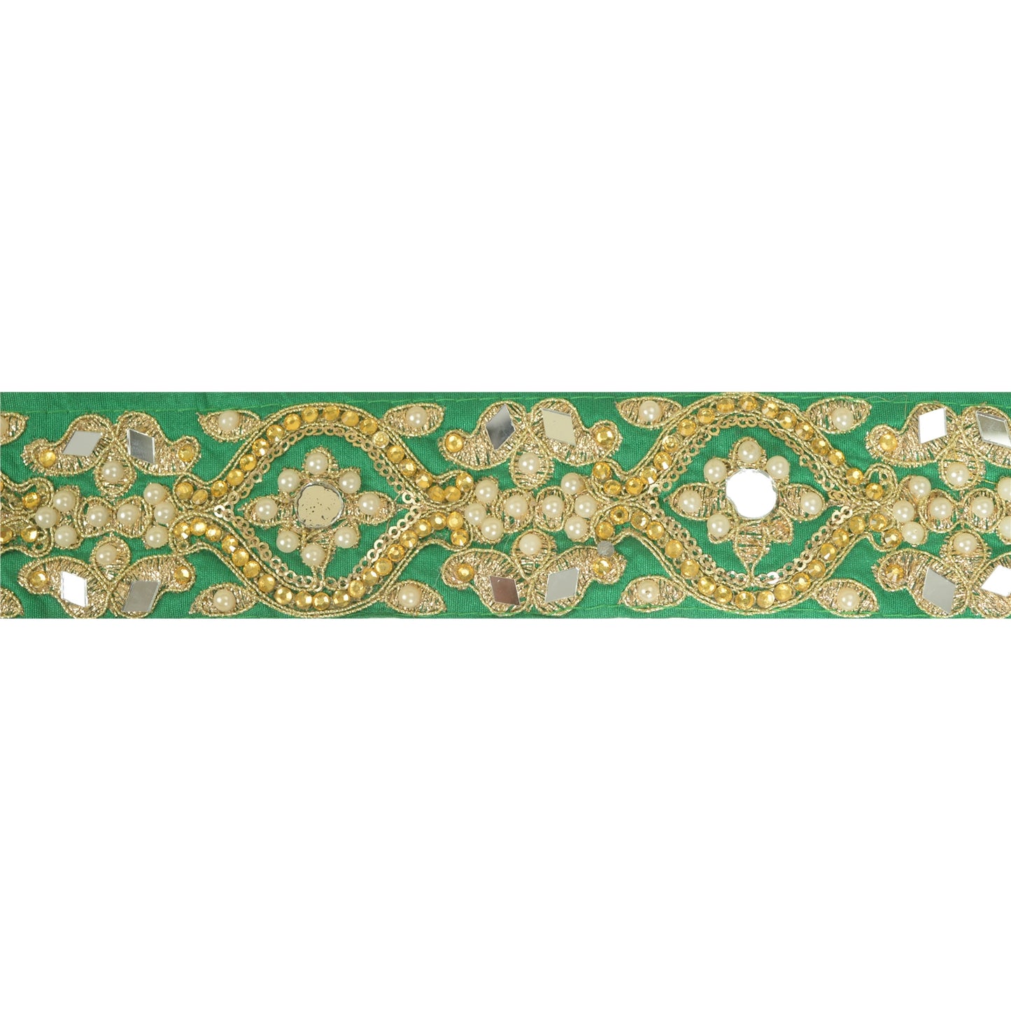 Sanskriti Hand Beaded Prom Dress Border 1 YD Trim Green Craft Lace Pearl Beads