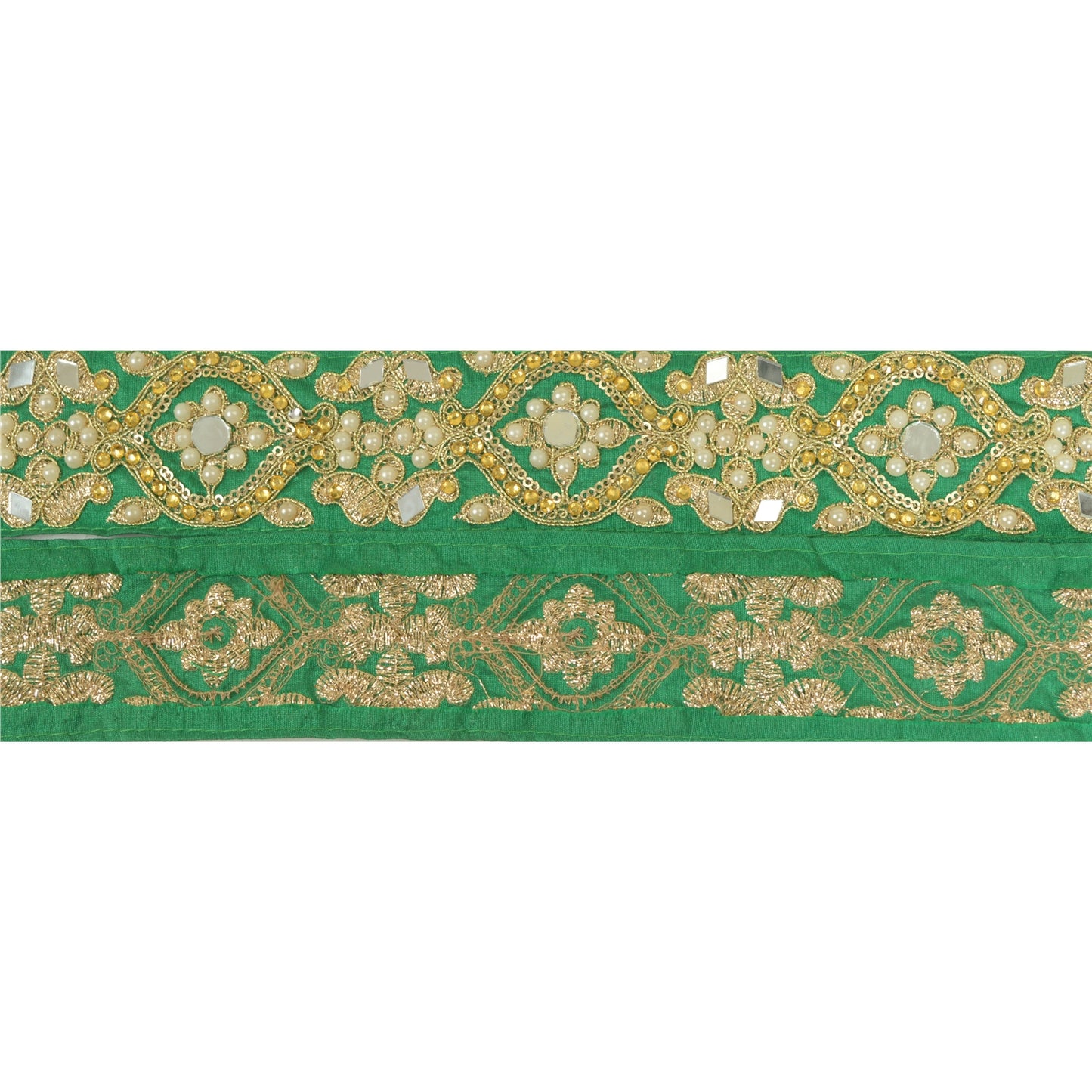 Sanskriti Hand Beaded Prom Dress Border 1 YD Trim Green Craft Lace Pearl Beads