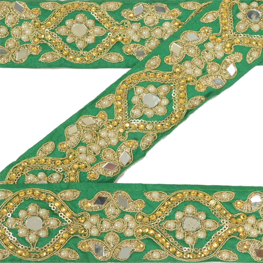 Sanskriti Hand Beaded Prom Dress Border 1 YD Trim Green Craft Lace Pearl Beads