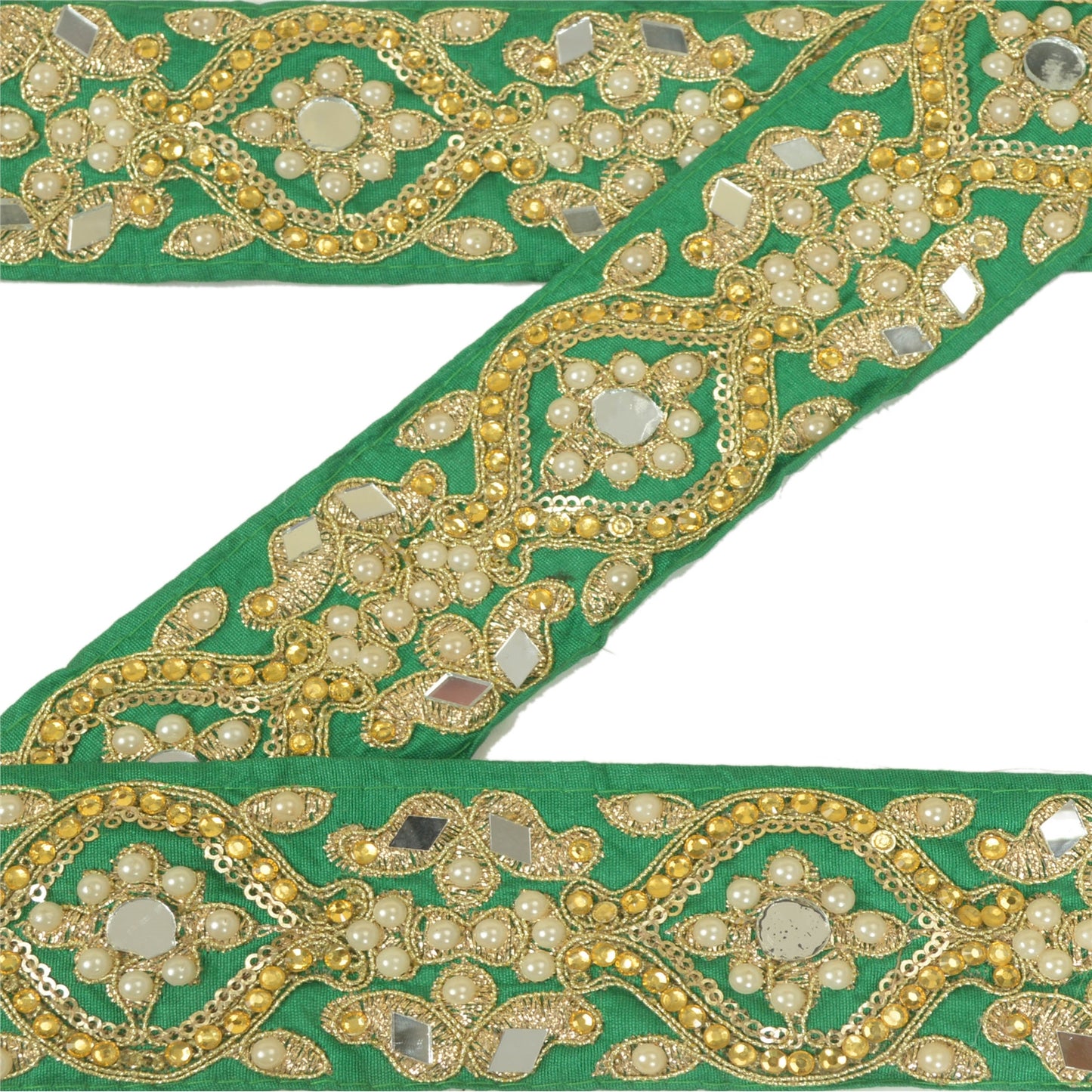 Sanskriti Hand Beaded Prom Dress Border 1 YD Trim Green Craft Lace Pearl Beads