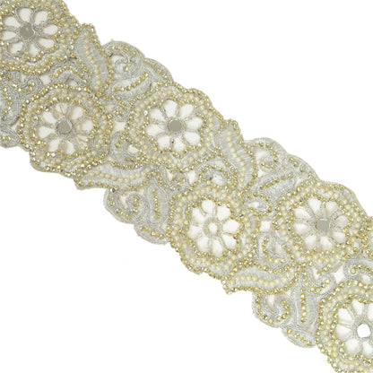 Sanskriti Hand Beaded Bridal Border 1 YD Trim Silver Craft Lace Pearl Beads Work