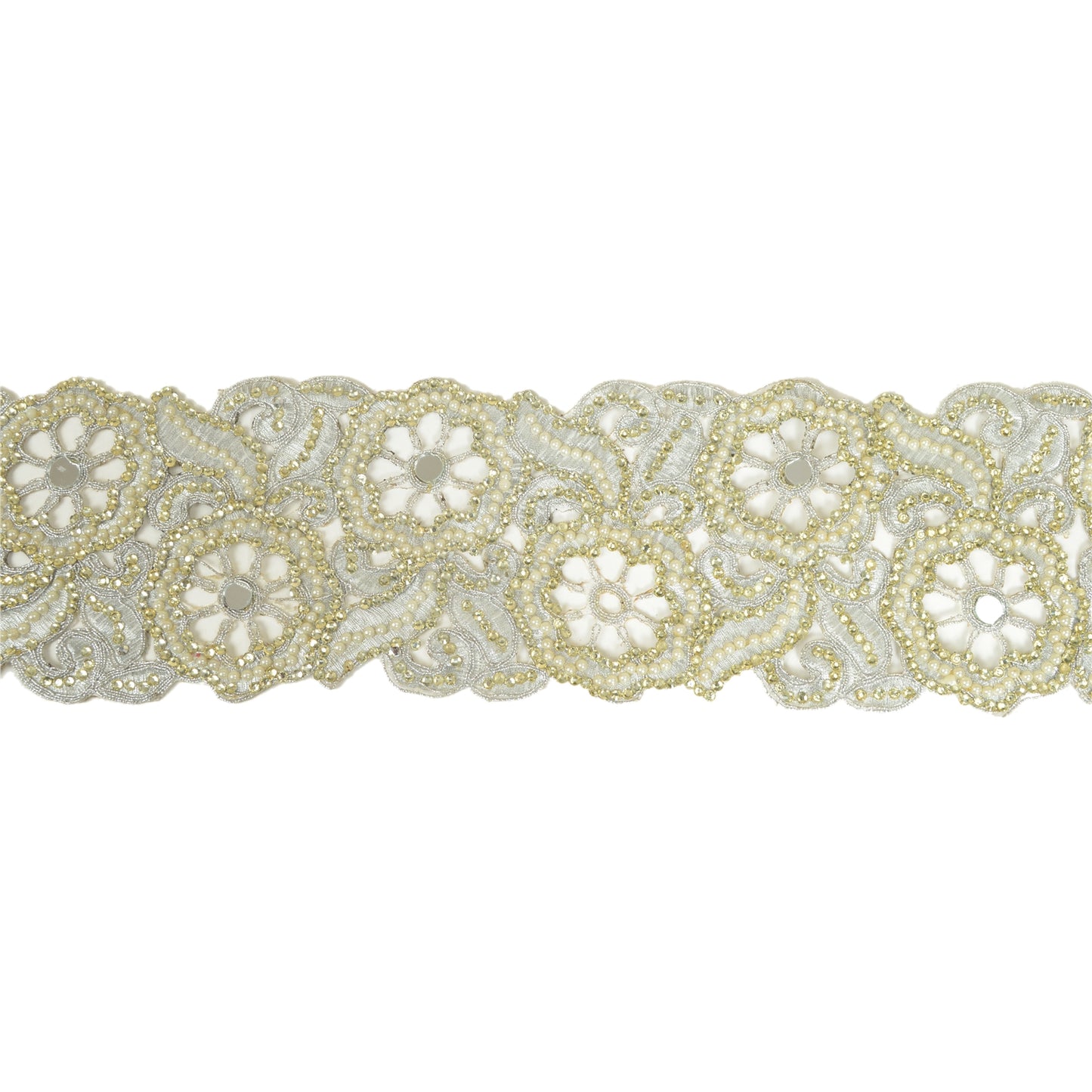 Sanskriti Hand Beaded Bridal Border 1 YD Trim Silver Craft Lace Pearl Beads Work