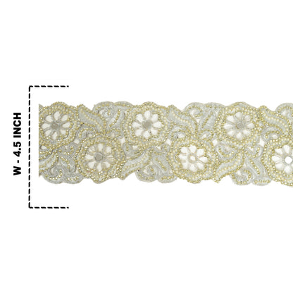 Sanskriti Hand Beaded Bridal Border 1 YD Trim Silver Craft Lace Pearl Beads Work