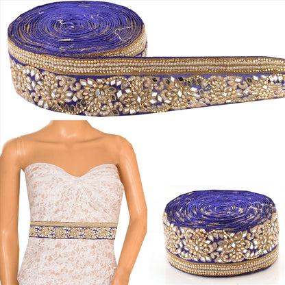 Sanskriti Hand Beaded Prom Dress Border 1 YD Trim Blue Craft Lace Mirror Work Pearl Beads