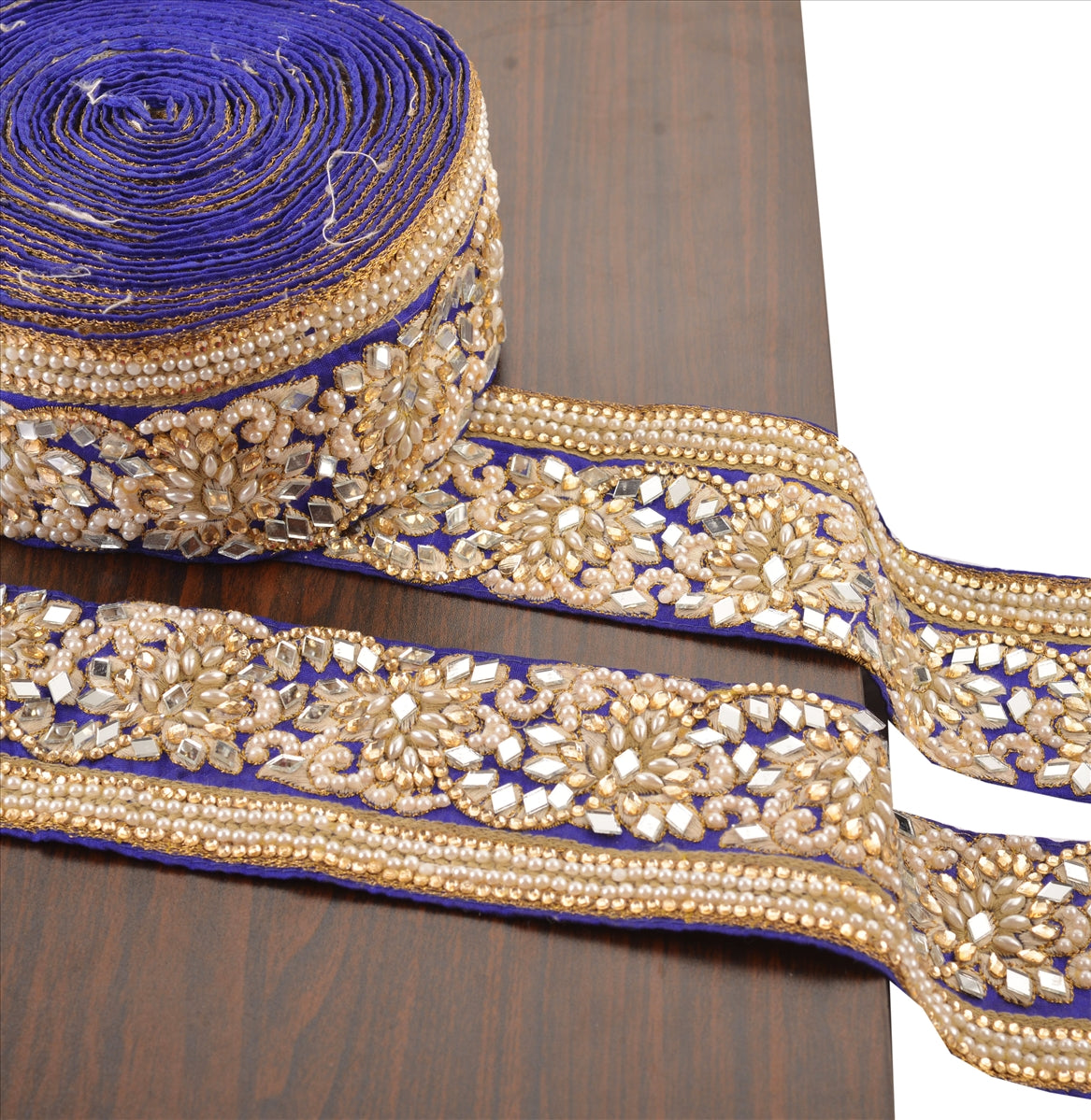 Sanskriti Hand Beaded Prom Dress Border 1 YD Trim Blue Craft Lace Mirror Work Pearl Beads