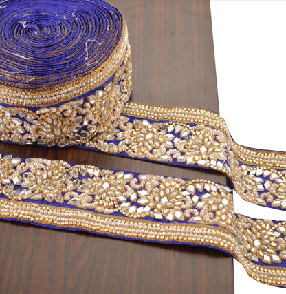 Sanskriti Hand Beaded Prom Dress Border 1 YD Trim Blue Craft Lace Mirror Work Pearl Beads