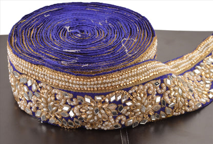 Sanskriti Hand Beaded Prom Dress Border 1 YD Trim Blue Craft Lace Mirror Work Pearl Beads