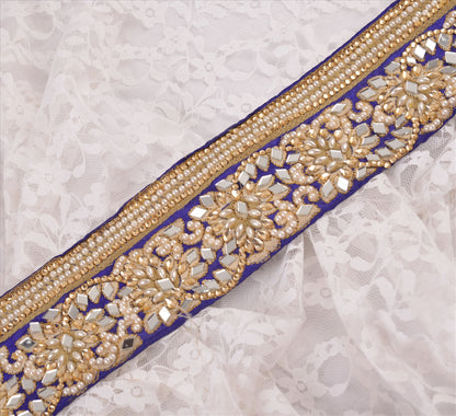 Sanskriti Hand Beaded Prom Dress Border 1 YD Trim Blue Craft Lace Mirror Work Pearl Beads