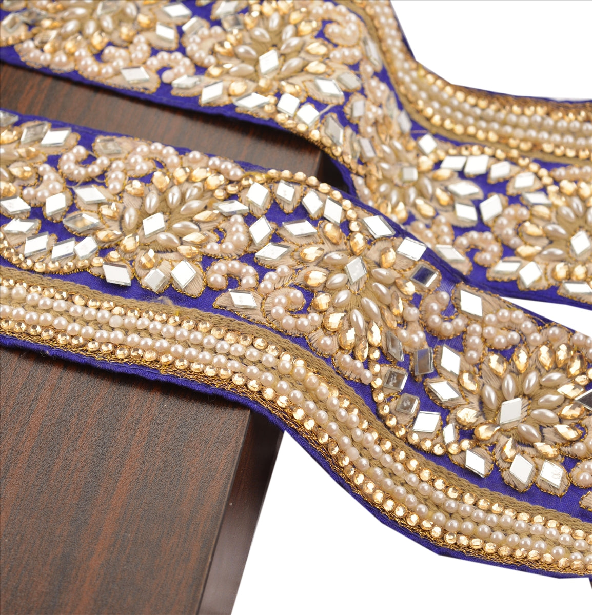 Sanskriti Hand Beaded Prom Dress Border 1 YD Trim Blue Craft Lace Mirror Work Pearl Beads