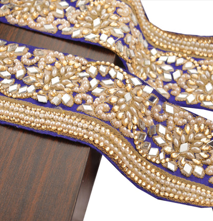 Sanskriti Hand Beaded Prom Dress Border 1 YD Trim Blue Craft Lace Mirror Work Pearl Beads