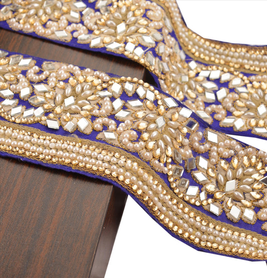 Sanskriti Hand Beaded Prom Dress Border 1 YD Trim Blue Craft Lace Mirror Work Pearl Beads
