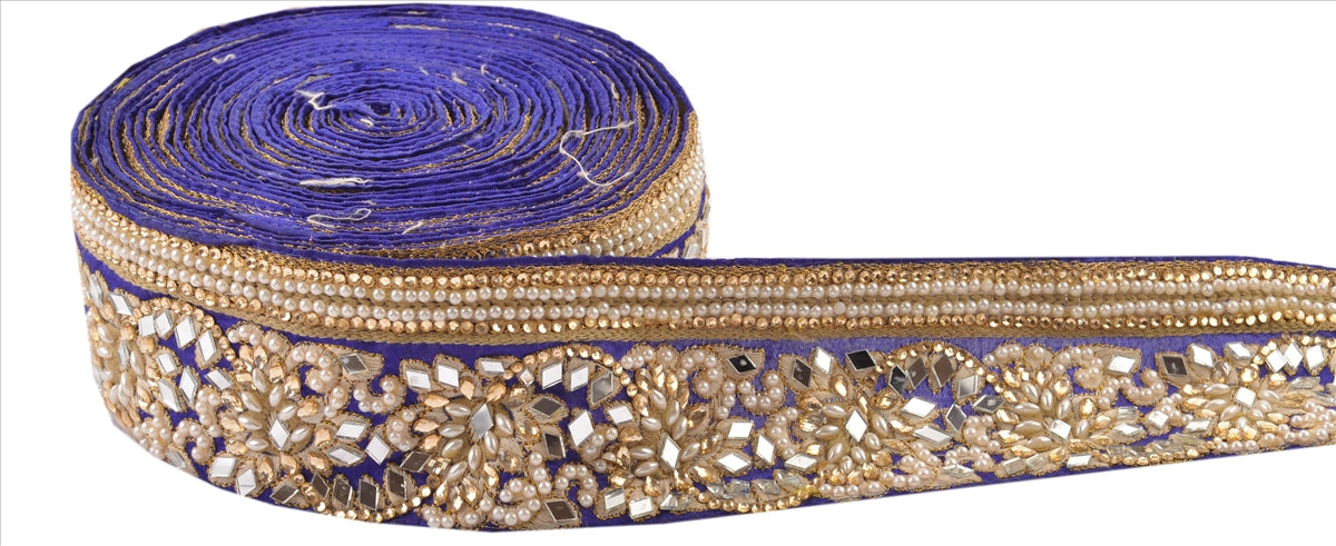 Sanskriti Hand Beaded Prom Dress Border 1 YD Trim Blue Craft Lace Mirror Work Pearl Beads